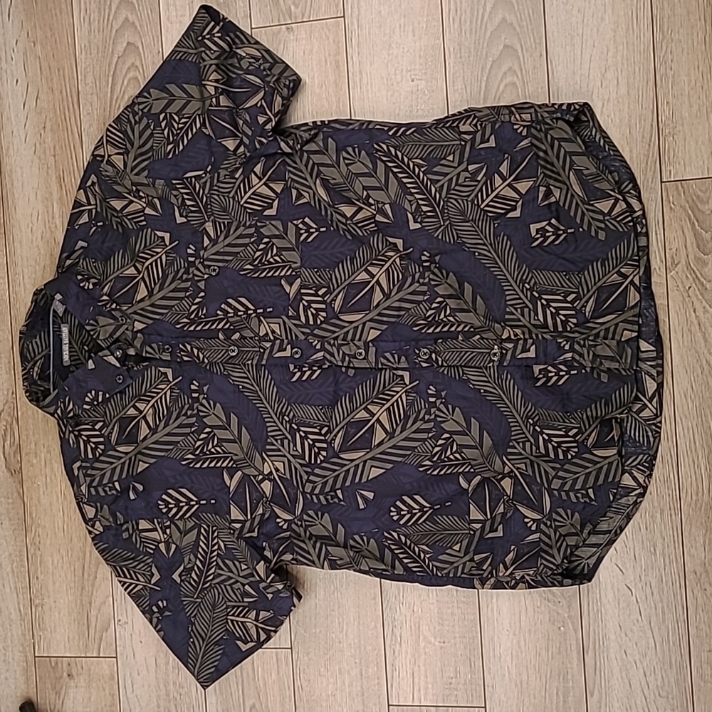 MICHAEL‎ BASTIAN Navy Black Green Floral Pattern Cotton Large Short Sleeve Shirt